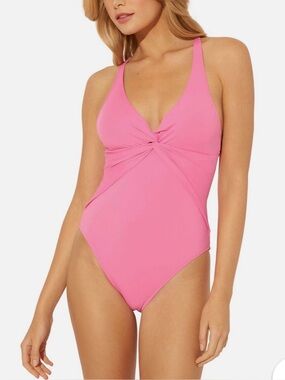 Bleu Rod Beattie Pink Twist Plunge Drape Cross Back Mio One-Piece Swimsuit, Sz 8